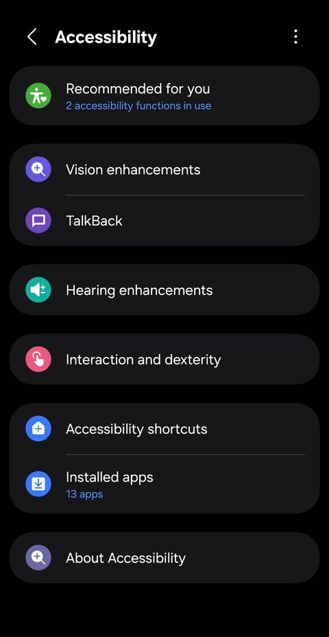 Accessibility settings screen with the Installed apps entry