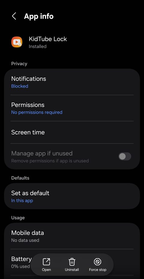 KidTube Lock App info screen