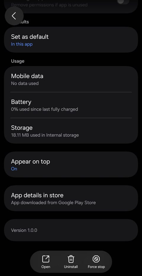 App info screen with Appear on top set to On