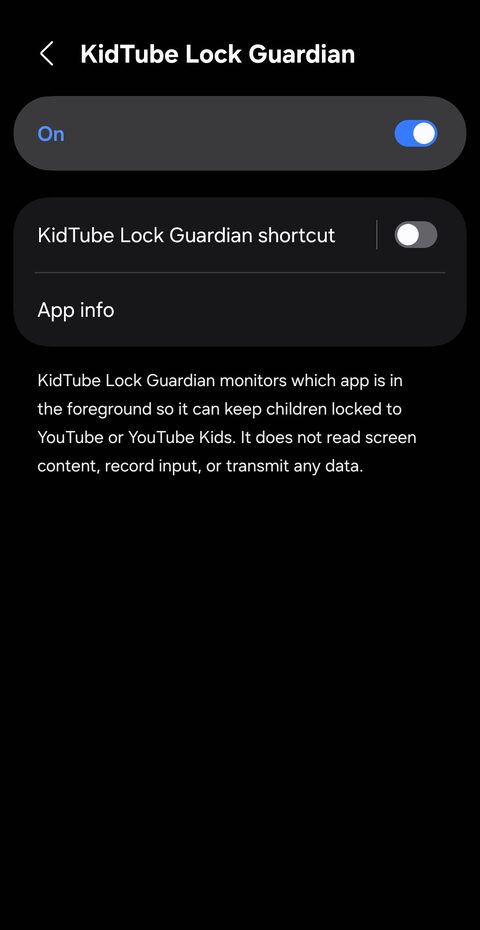 KidTube Lock Guardian screen with the service switched on