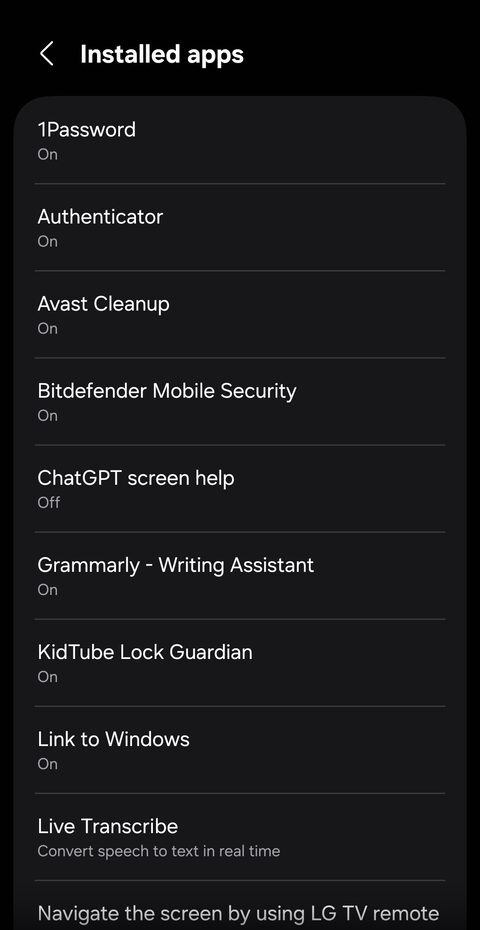 Installed accessibility apps list showing KidTube Lock Guardian