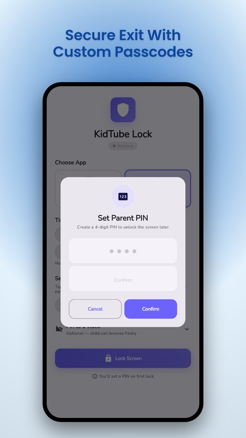 Secure exit with custom passcodes — confirming the parent PIN